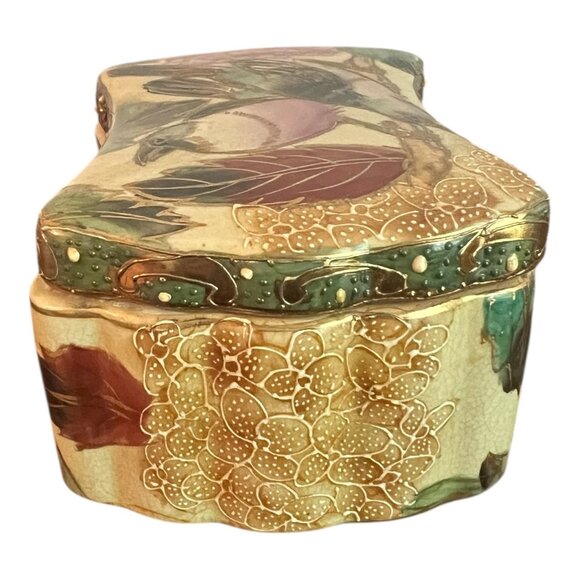 Chinese Porcelain Trinket Box 5"x3"x2.5" Pink Flowers & Birds Gold Trim Lacquer - Picture 4 of 11